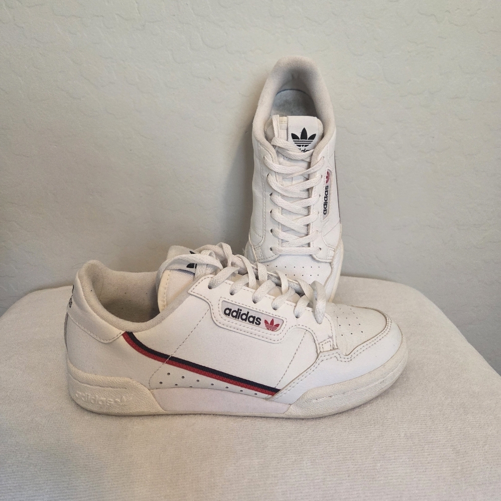 Adidas White Sneakers with Red and Black Accents